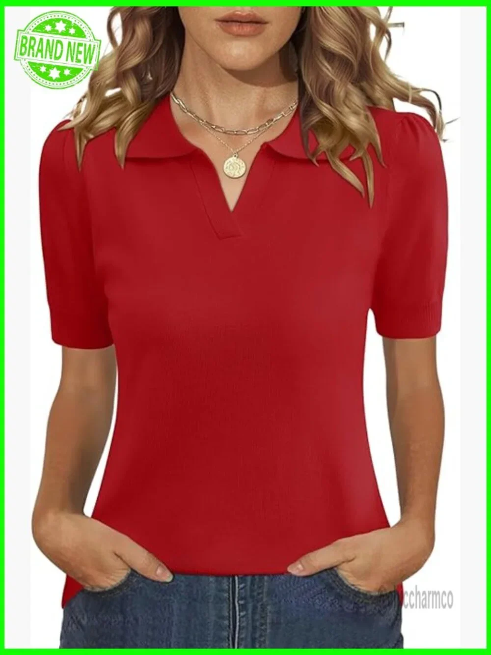 Short Sleeve V-Neck Polo Sweater Pullover Lightweight Ribbed Knit Top